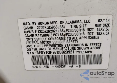 2013 Honda Pilot Touring z USA, uszkodzony, nr VIN 5FNYF3H97DB023921